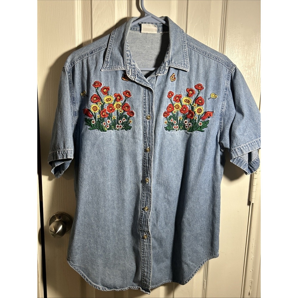Vintage‎ Bobbie Brooks Size M Flowers Embroidered Denim Shirt Womens